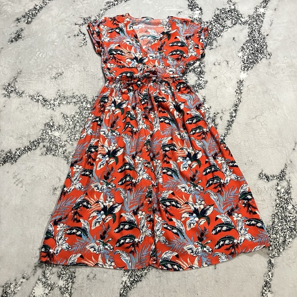 LOFT Dresses & Skirts - LOFT Dress Womens Sz 10 Red Floral Tropical Midi Button Front Tie Waist Vacation